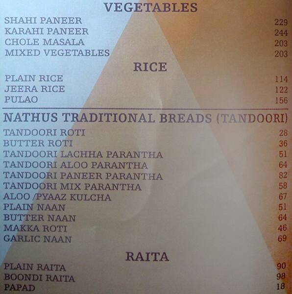 Nathu's restaurant menu