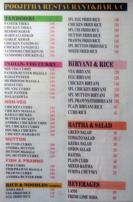 Poojitha Restaurant & Bar menu