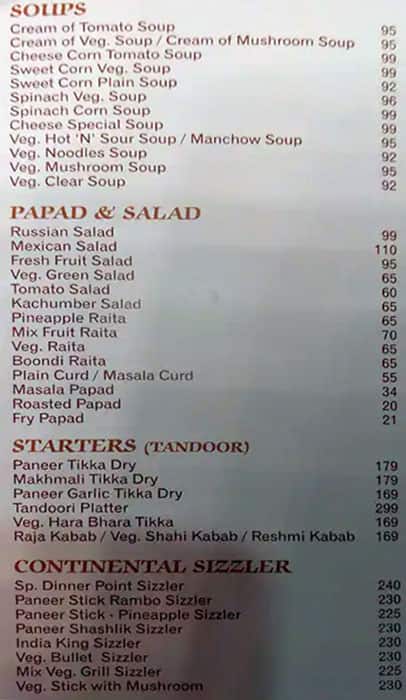 Menu of Dinner Point Restaurant, Kankaria, Ahmedabad