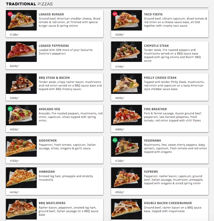 Menu at Domino's restaurant, Willetton, 2 Glenmoy Ave