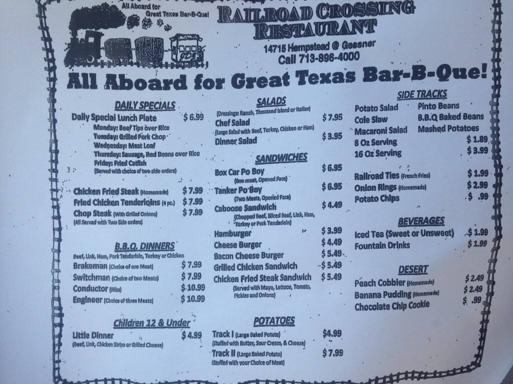 Railroad Crossing BBQ Menu, Menu for Railroad Crossing BBQ, Cypress