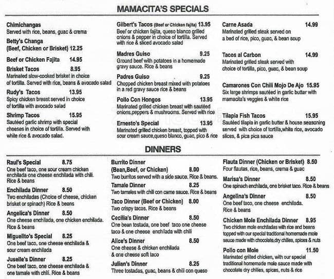 Menu at Mamacita's Restaurant & Cantina, Red Oak