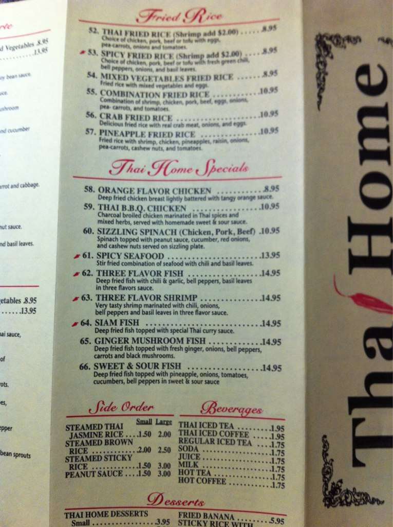 Menu at Thai Home restaurant, Sandy