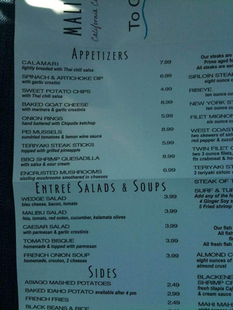Menu at Malibu Beach Grill steakhouse, Port Orange, S Williamson Blvd 900
