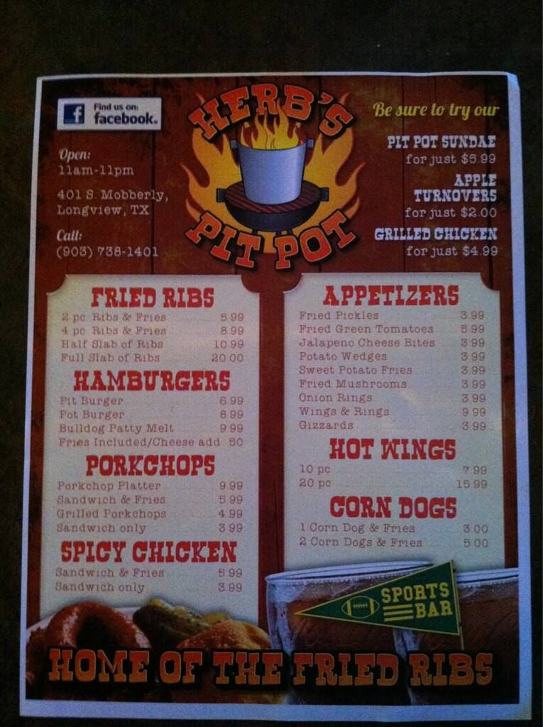 Herb's Pit Pot Menu, Menu for Herb's Pit Pot, Longview, Longview
