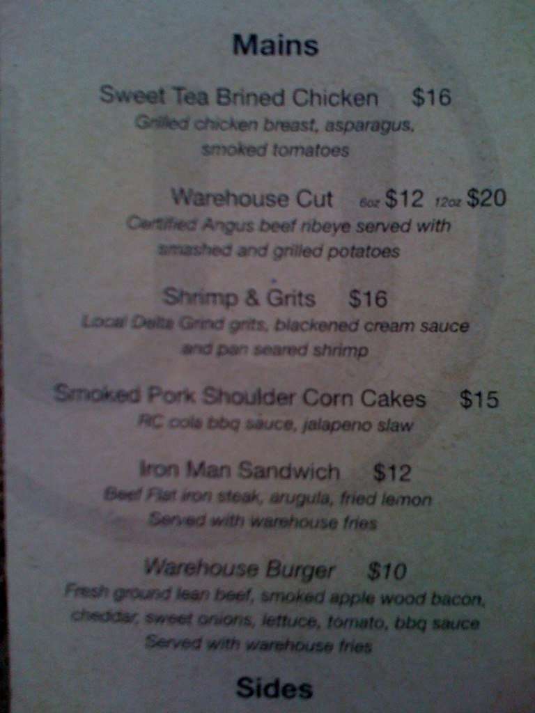 Warehouse Menu, Menu for Warehouse, Cleveland, Cleveland Urbanspoon