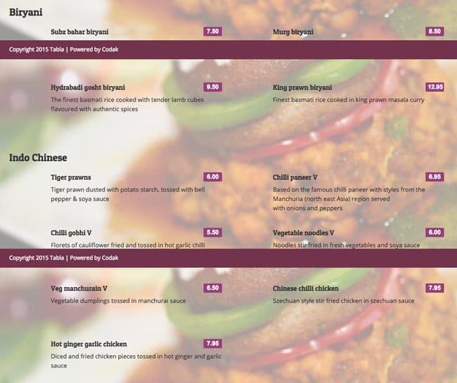 Tabla Restaurant menu