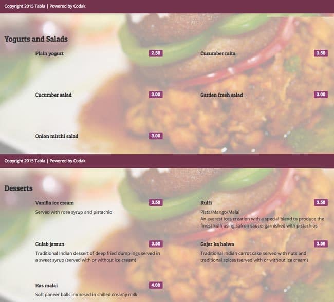 Menu at Tabla restaurant, Ilford, Ground Floor