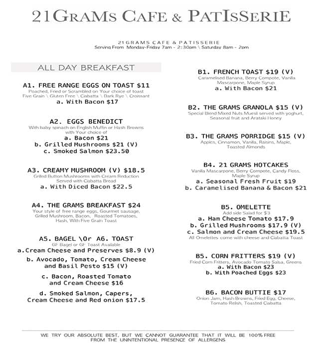 21 Grams Cafe Patisserie Menu