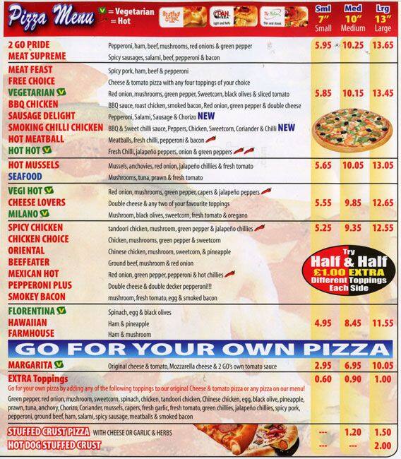 Pizza 2 Go menu