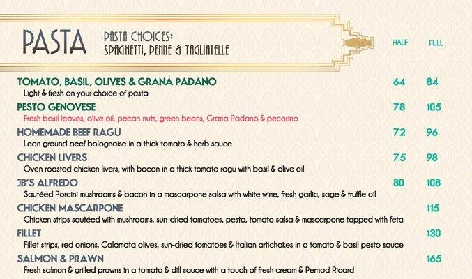 JB Rivers menu