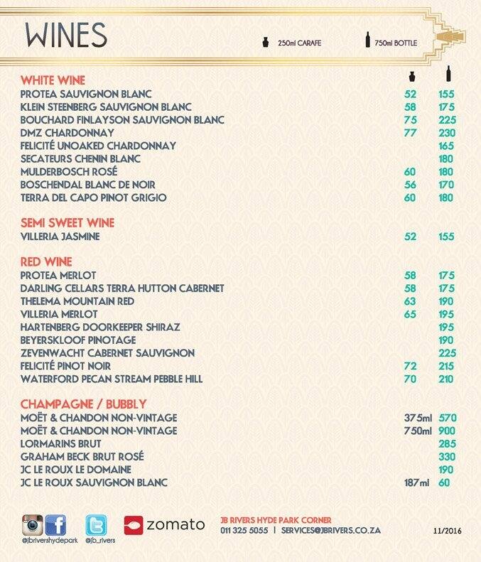 JB Rivers menu