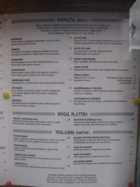 Millos Restaurant menu