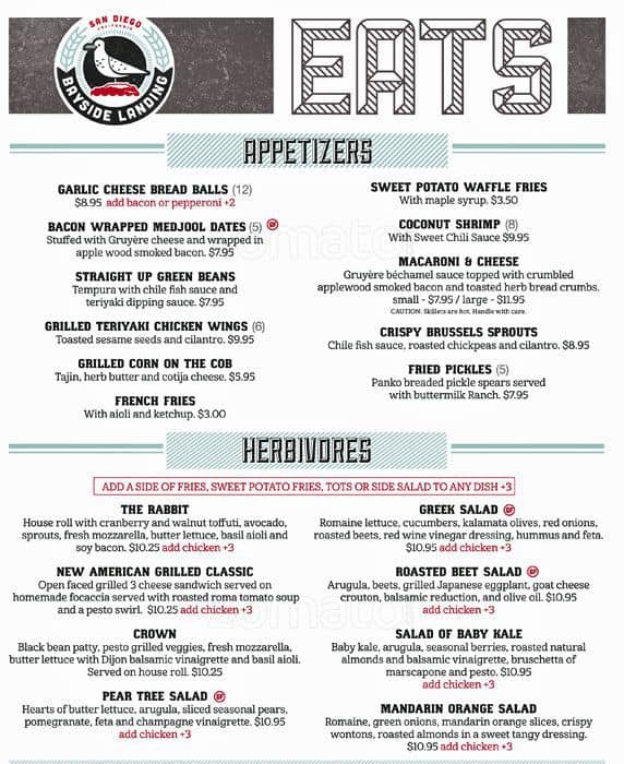Bayside Landing Menu, Menu for Bayside Landing, Pacific Beach, San
