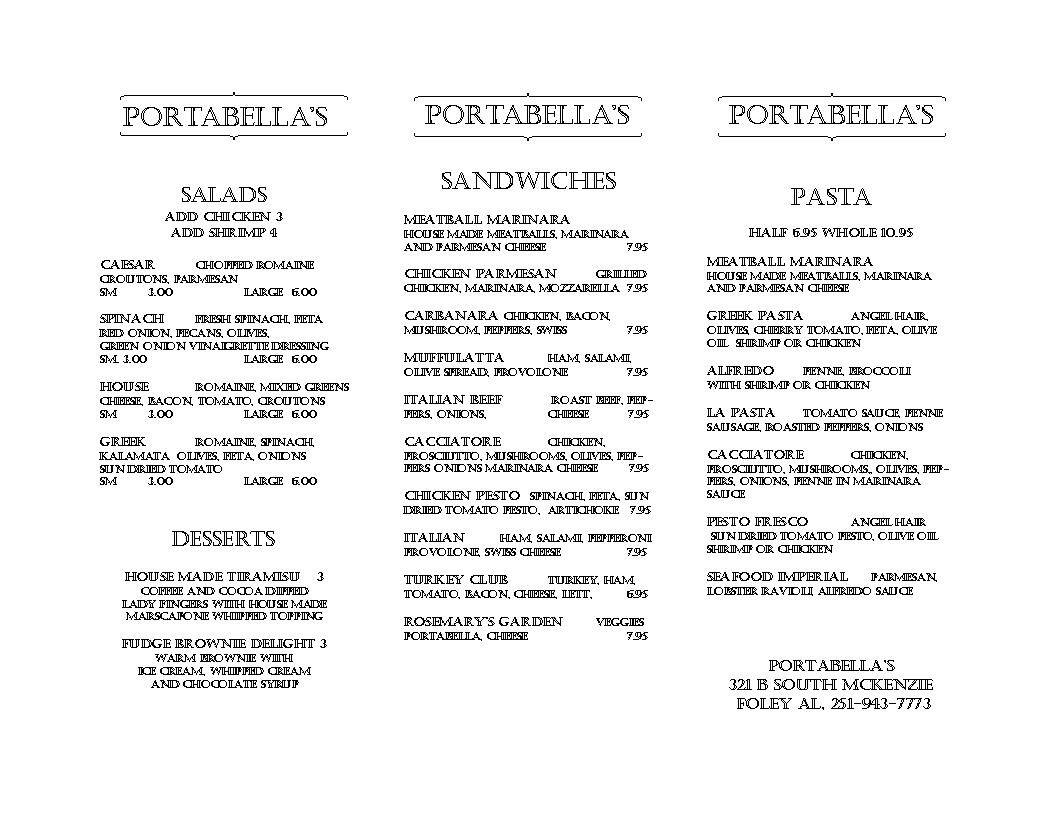 Menu at Portabella's pizzeria, Foley