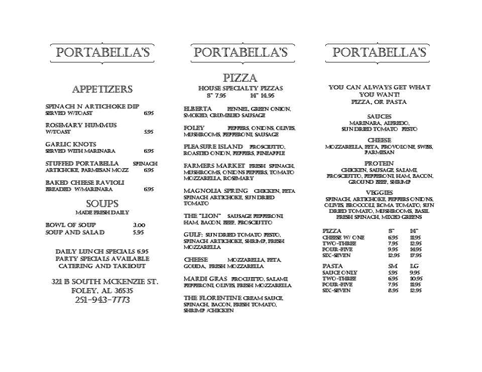 Portabella's menu, Menu restauracji Portabella's, Foley, Mobile Bay