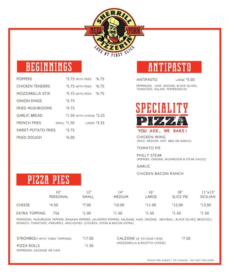 Sherrill New York Pizzeria Menu Urbanspoon/Zomato