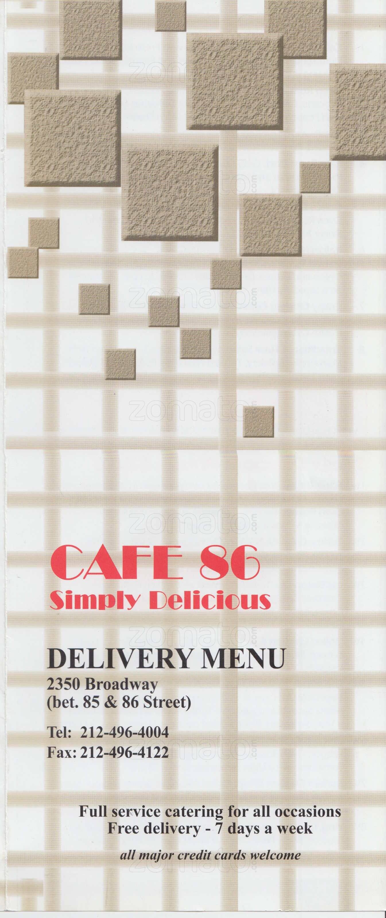 Cafe 86 Menu Menu For Cafe 86 Upper West Side New York City 