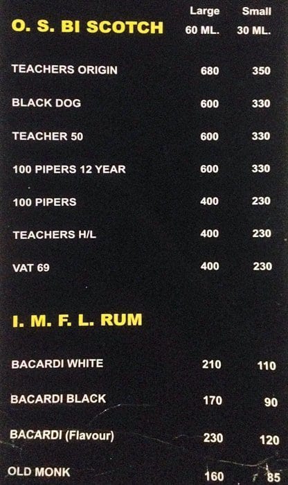 Sunset Bar & Restaurant menu