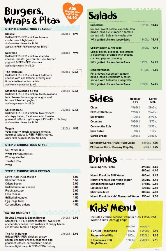 Menu at Nando's William St fast food, Perth, 140 William St