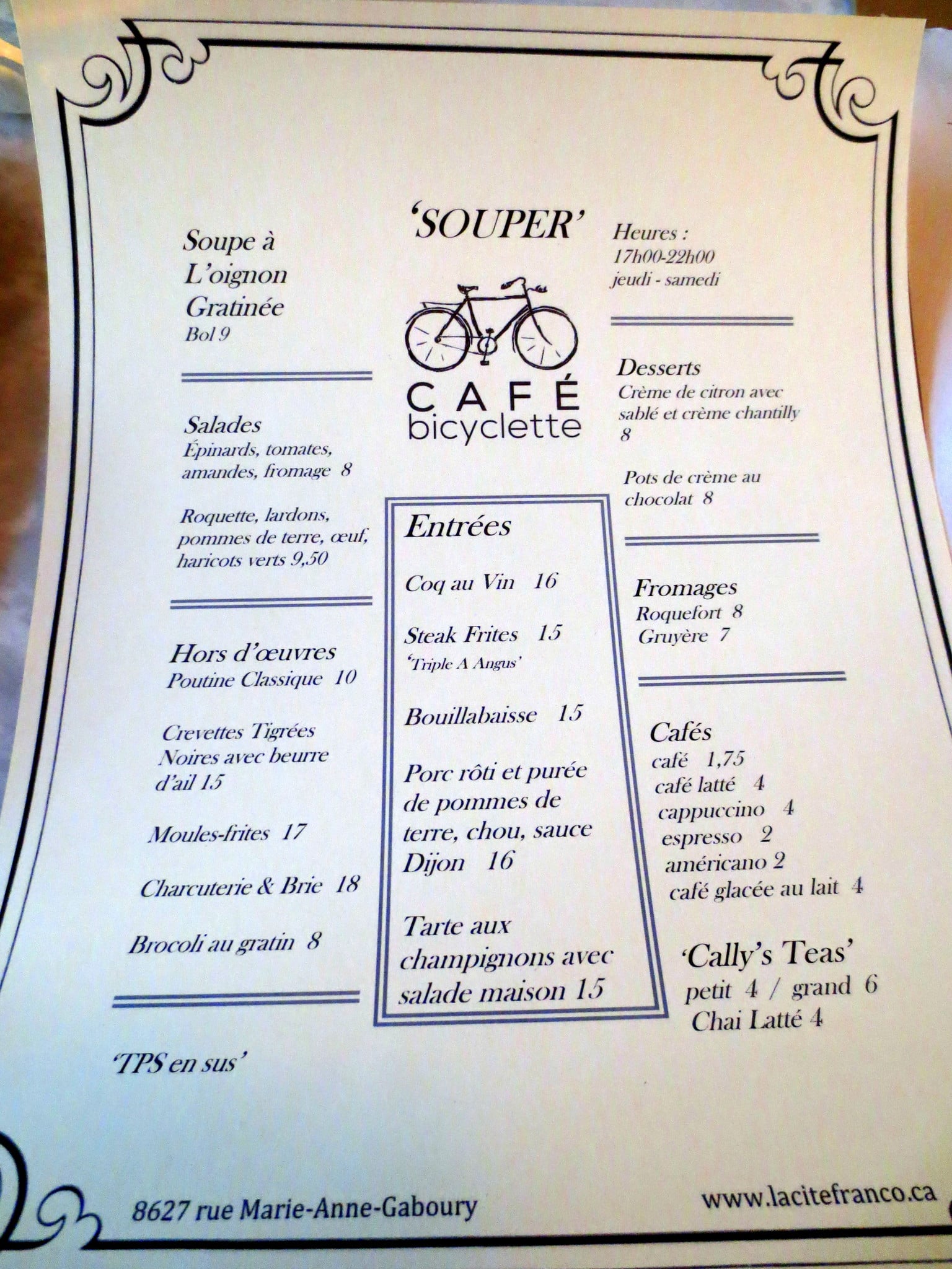 Menu at Café Bicyclette, Edmonton