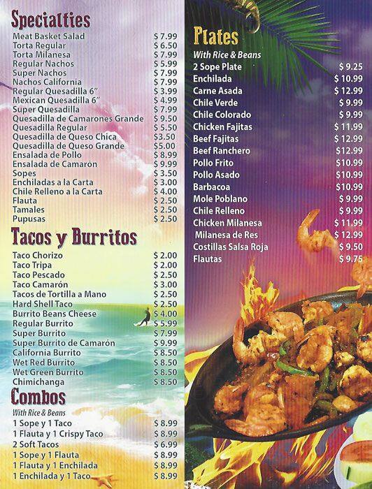 Menu at Taqueria El Nayarita restaurant, San Mateo