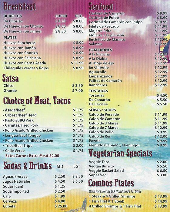 Menu at Taqueria El Nayarita restaurant, San Mateo