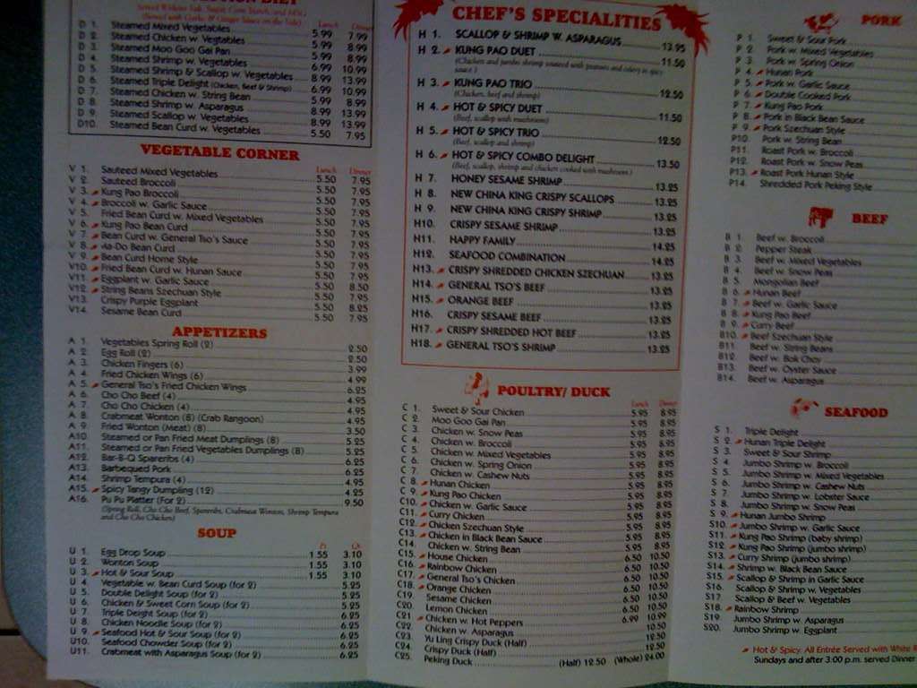 New China King Menu, Menu for New China King, Vienna, Fairfax County