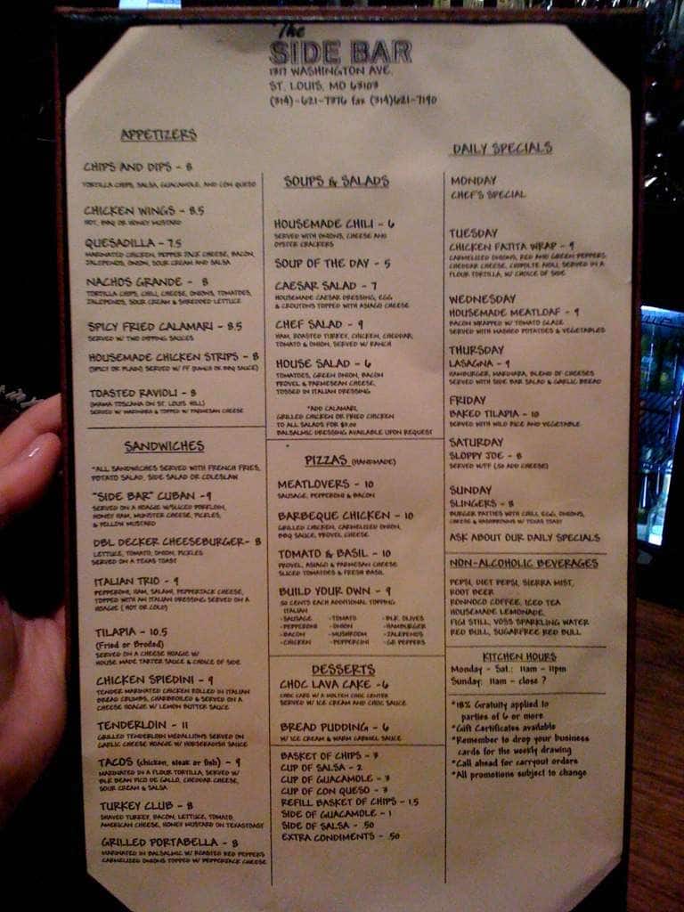 The Side Bar Menu, Menu for The Side Bar, Downtown, St. Louis