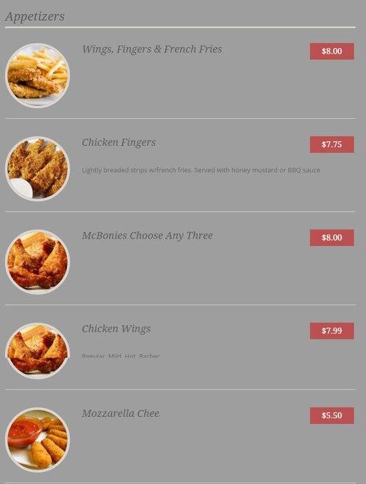 McBonies Bar & Grill Menu, Menu for McBonies Bar & Grill, Cotswold