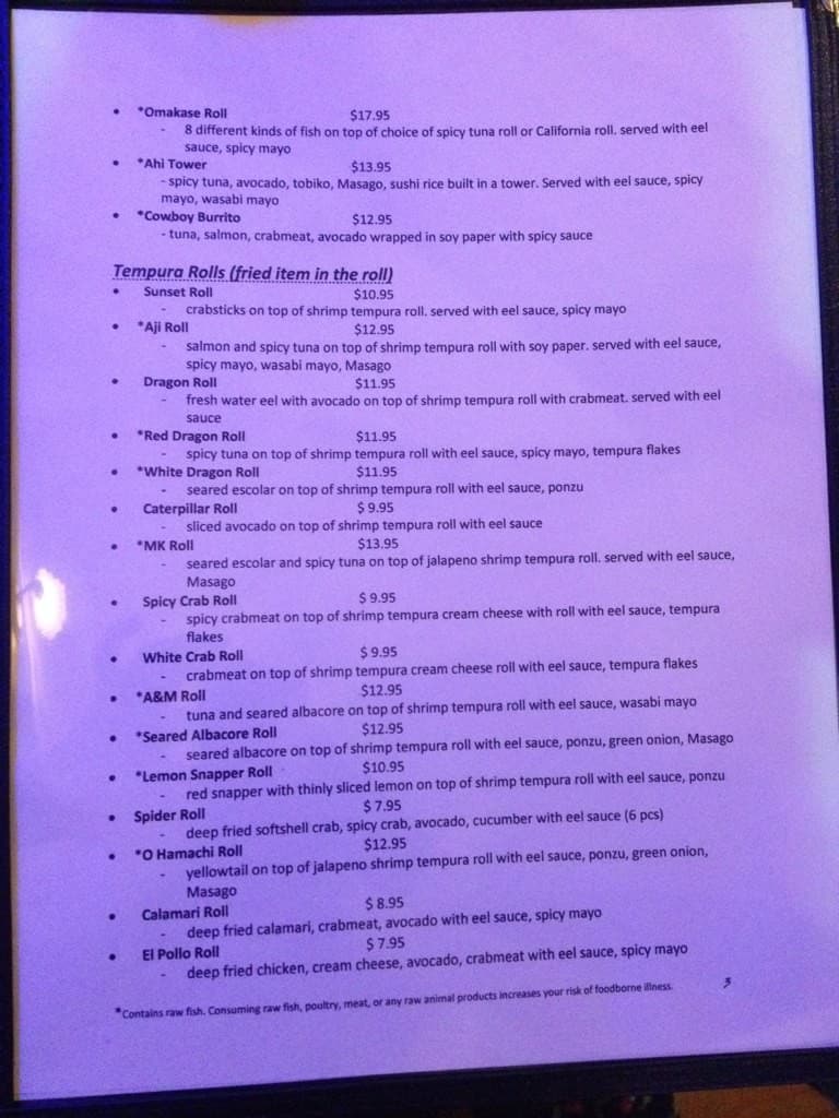 Menu at Aji Sushi restaurant, College Station