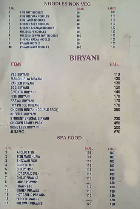 Student Biryani menu