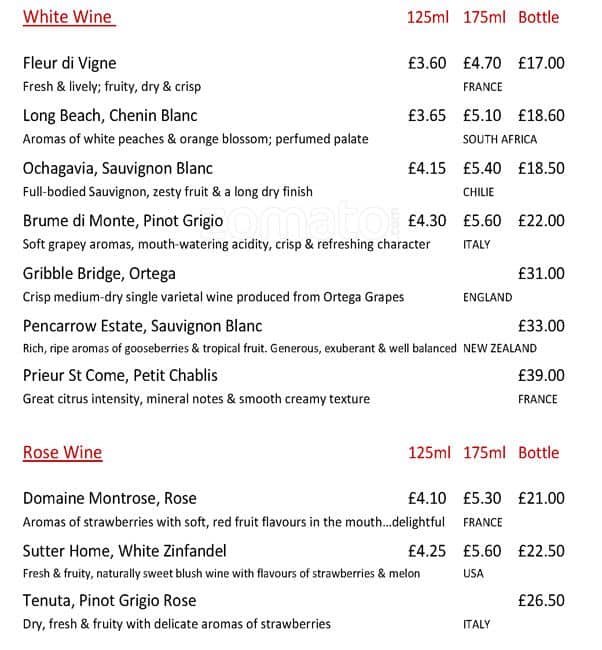 The Barley Mow Menu, Menu for The Barley Mow, Westminster, London