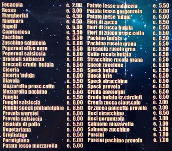 Menu di Pianeta Pizza 