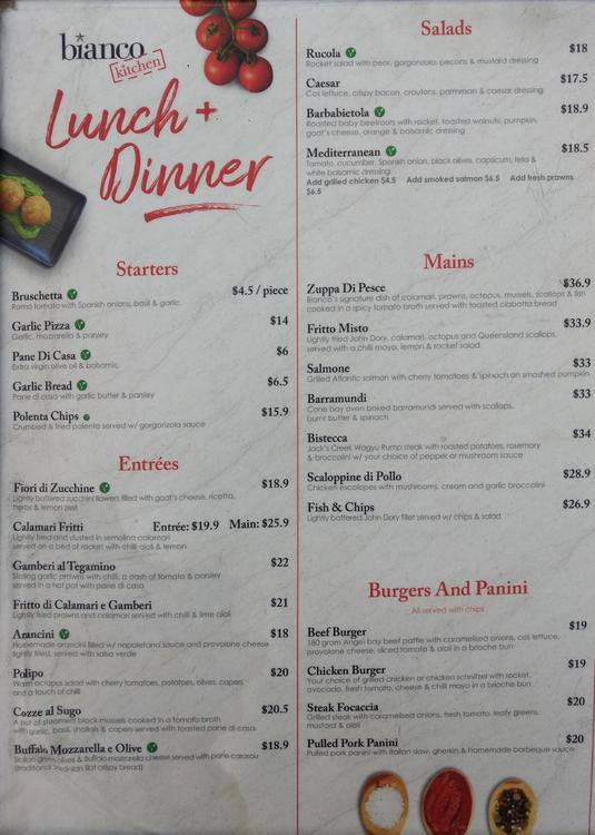 Bianco Kitchen Menu Menu For Bianco Kitchen Brighton Le Sands