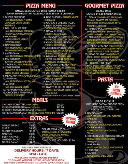 Jessie's Pizza menu, Menu restauracji Jessie's Pizza, Bayswater