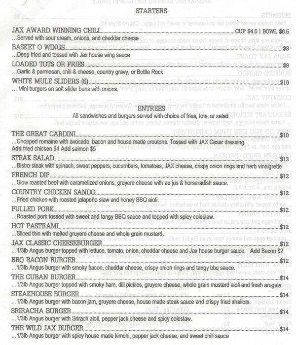 Menu at Jax White Mule Diner pub & bar, Napa