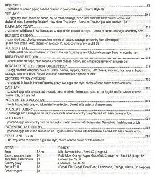 Menu at Jax White Mule Diner pub & bar, Napa
