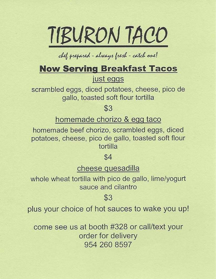 Tiburon Taco menu, Menu restauracji Tiburon Taco, Hollywood/Hallandale