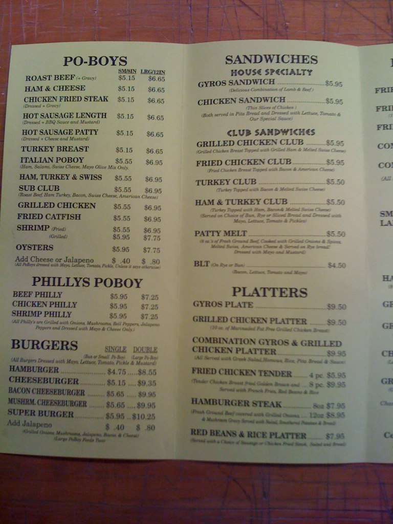 New Orleans Poboy & Gyros Menu Urbanspoon/Zomato