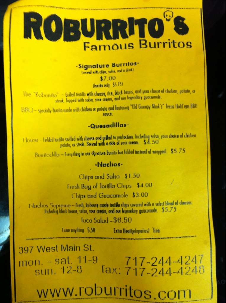 Roburritos Dallastown Menu, Menu for Roburritos Dallastown, Dallastown