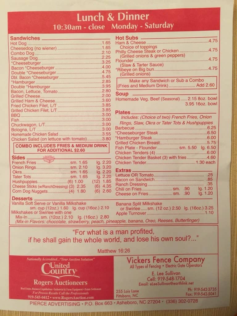 Menu at Crossroads Grill restaurant, Siler City, 324 E 11th St