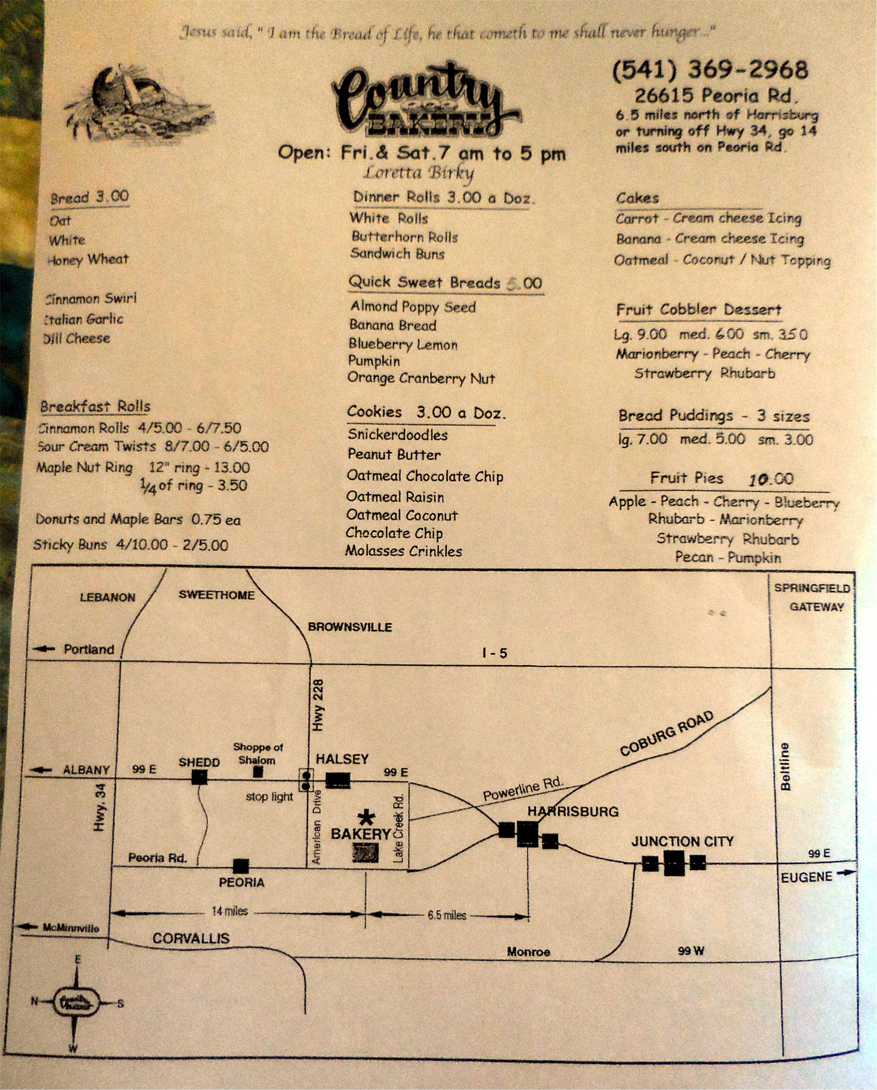 Country Bakery Menu, Menu for Country Bakery, Halsey, Halsey