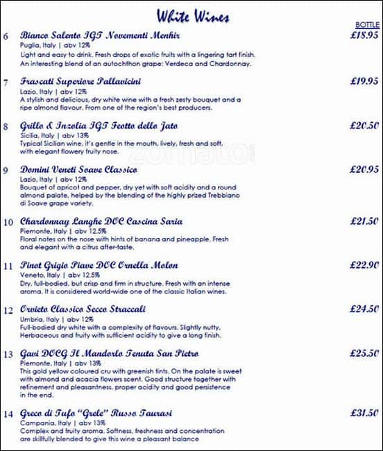 Menu at The Piccadilly restaurant, London