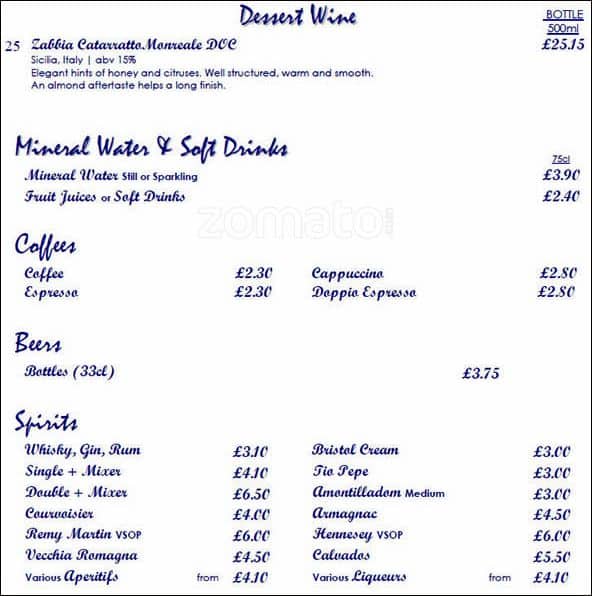 Menu at The Piccadilly restaurant, London