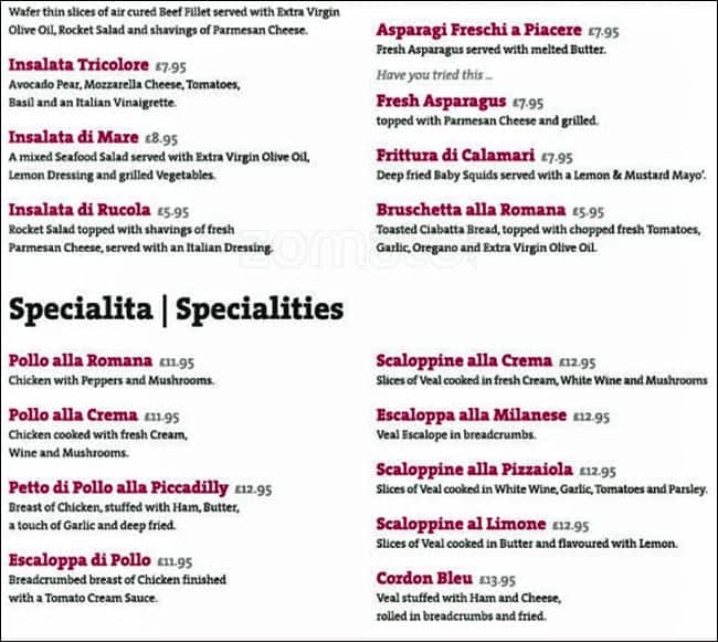 Menu at The Piccadilly restaurant, London