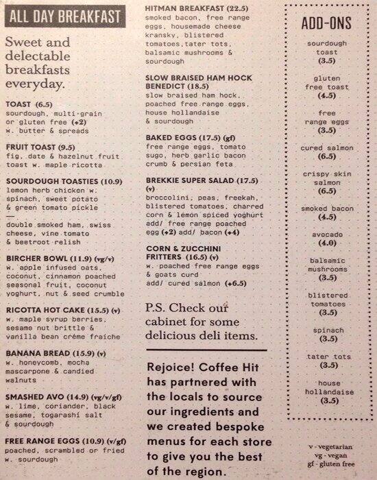 Coffee Hit Menu, Menu for Coffee Hit, Indooroopilly, Brisbane