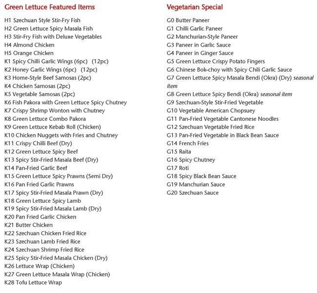 Green Lettuce Menu, Menu for Green Lettuce, Kensington, Vancouver