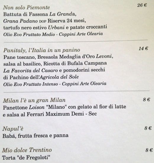 Menu di Ferrari Spazio Bollicine 