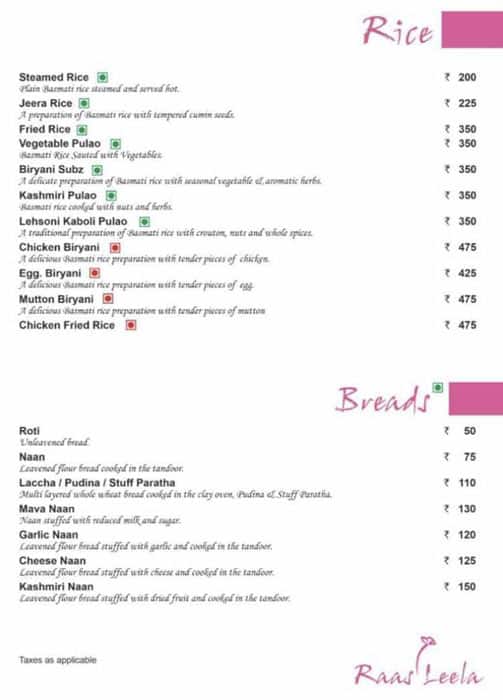 Raas Leela menu